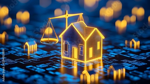Digital Real Estate Law: House, Scales, and Tech Circuitry Concept