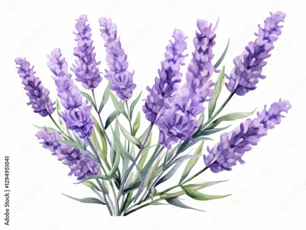Fototapeta premium Watercolor lavender flowers, painted with vintage garden flair, stand out against a crisp white background.
