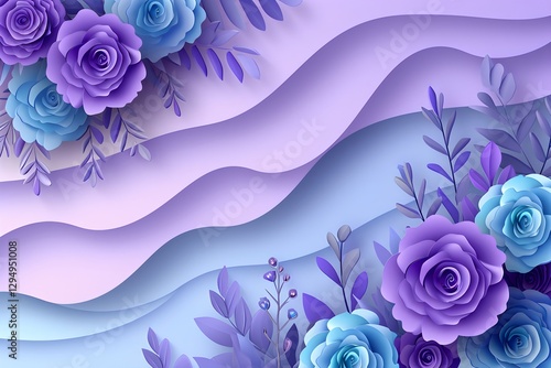 Paper craft floral composition with purple and blue roses on wavy background. 3D layered paper art. Decorative design for wedding, Mother's Day, or Valentine's Day cards.