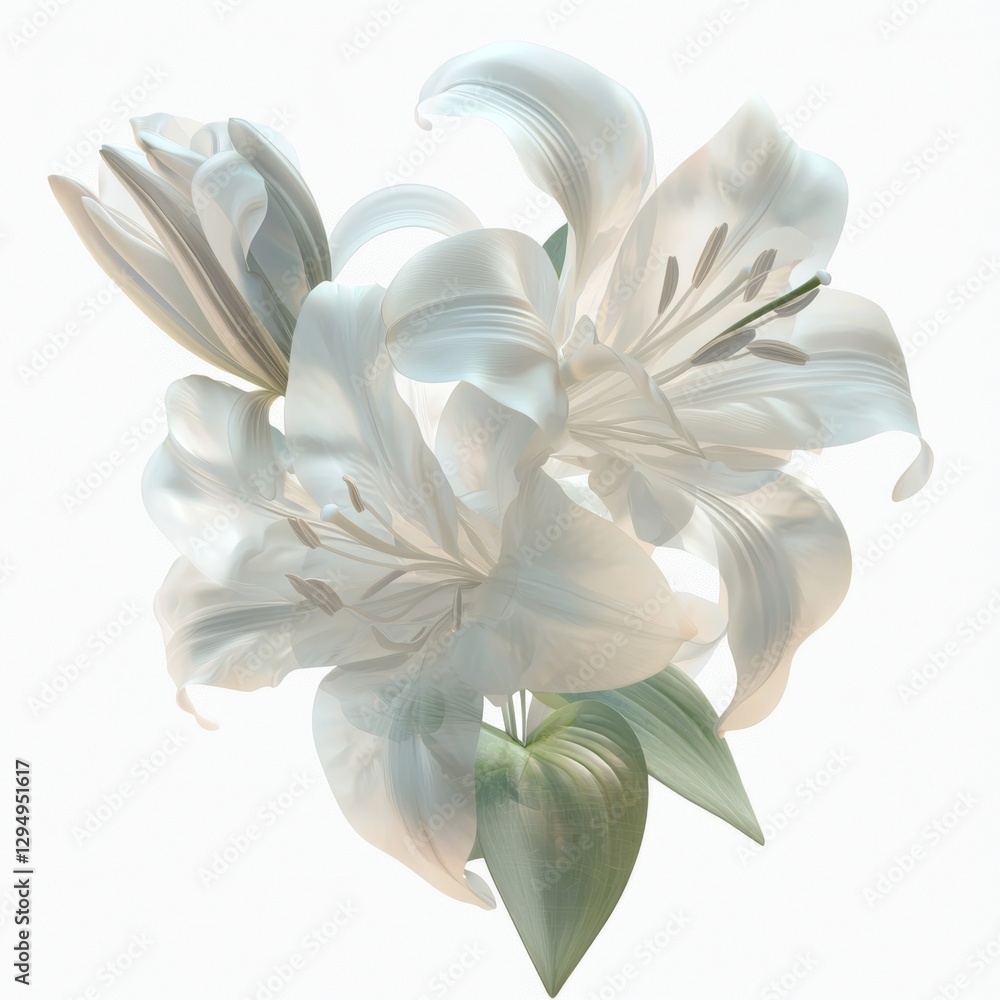 Fototapeta premium Ethereal White Lilies in Soft Light with Delicate Petals and Green Leaves for Tranquil Nature and Floral Decor