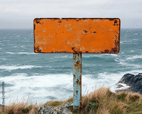Rusty sign, coastal cliff, stormy sea