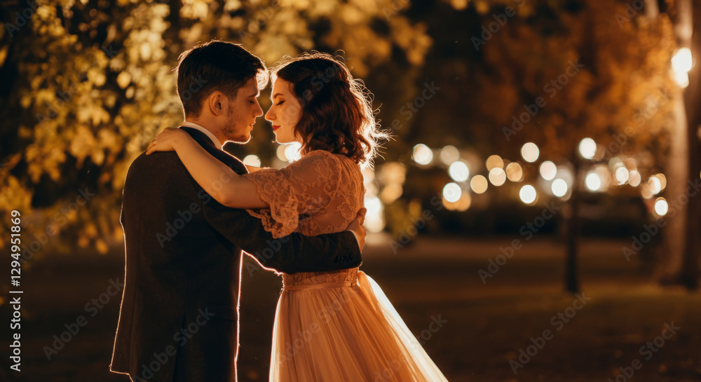 Obraz premium Romantic dance under autumn night sky with young caucasian couple in love