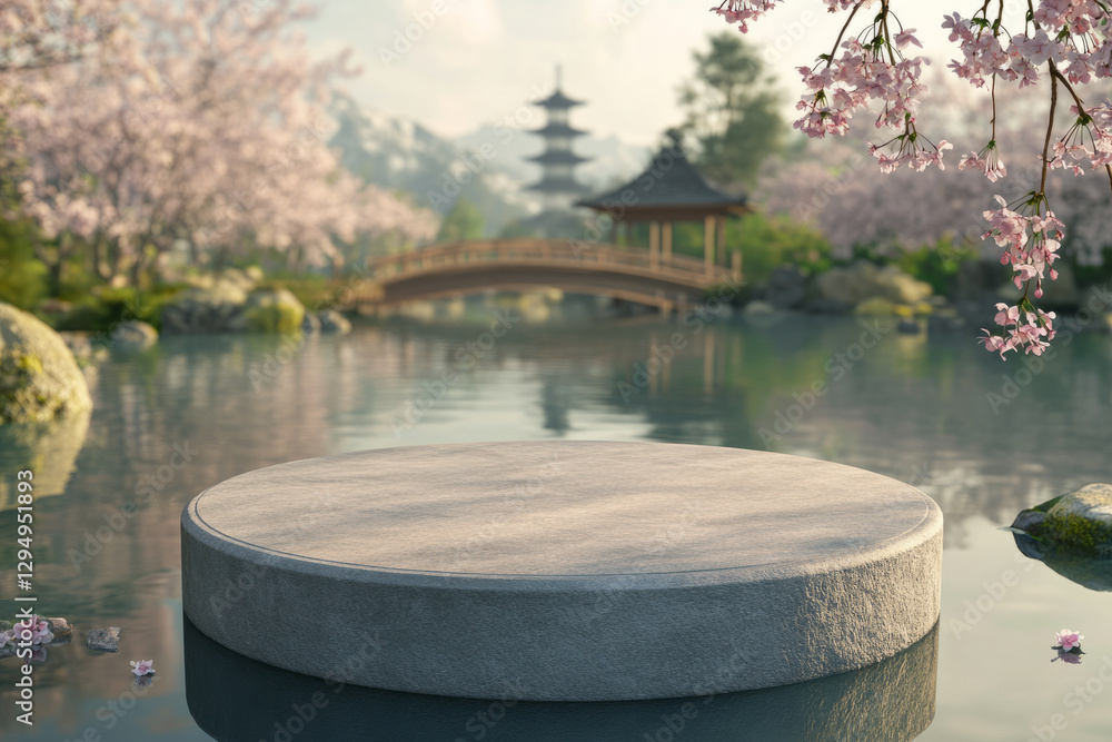 Fototapeta premium A serene Zen garden 3D background featuring a smooth stone podium in the middle of a tranquil pond. Delicate cherry blossoms float on the waterâ€™s surface, while a wooden bridge leads to a