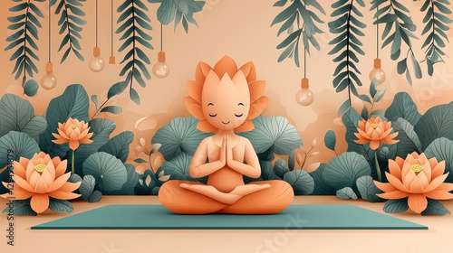 Serene meditation scene featuring a character surrounded by lotus flowers and greenery