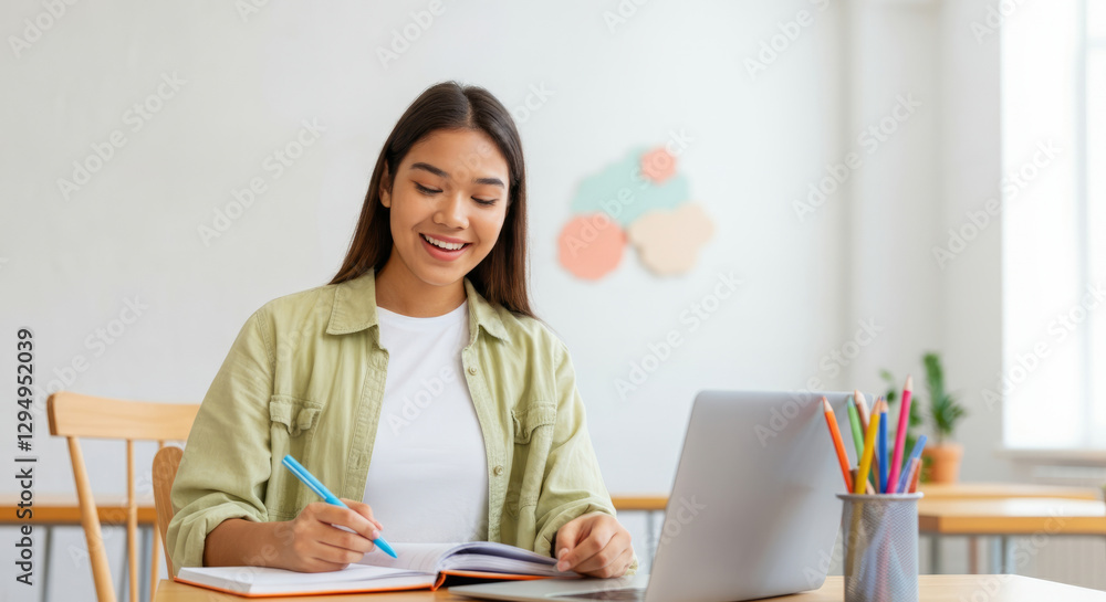 Asian young female studying with laptop and notepad in bright room Asian young female studying with laptop and notepad in bright room