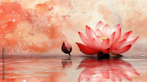 Serene pink lotus flowers blooming on tranquil water with a soft, colorful background