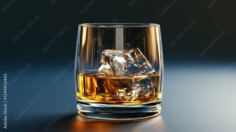 Glass of whiskey with ice on a wooden table in a cozy setting with natural light and shadows Glass of whiskey with ice on a wooden table in a cozy setting with natural light and shadows