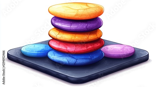 Colorful stacking game pieces arranged on a square base with a playful design, ideal for children's play