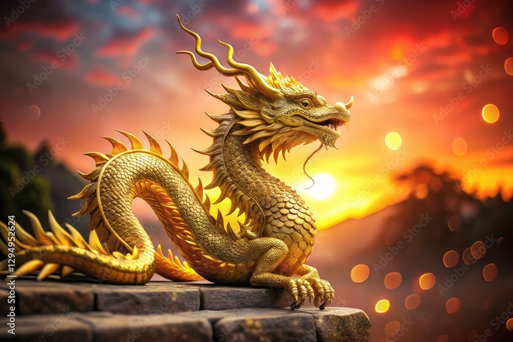 Fototapeta premium Serene Gold Dragon Bokeh: Majestic Creature on Red Wall