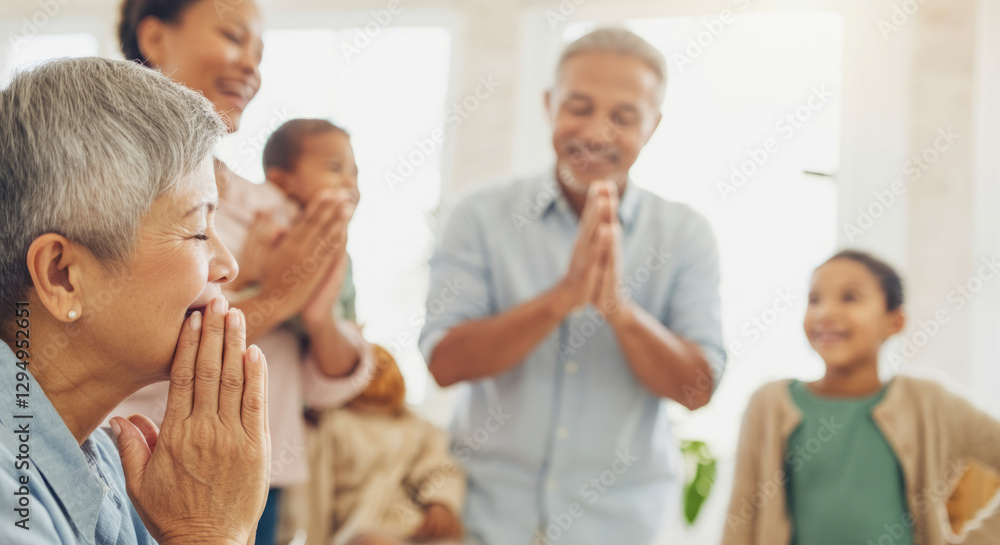 Elderly asian woman joyfully celebrating with diverse family in bright room Elderly asian woman joyfully celebrating with diverse family in bright room