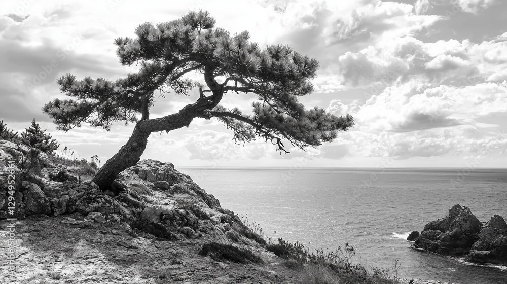 Scenic black and white view of a windswept pine tree on a rocky coastal cliff overlooking the ocean under a cloudy sky Scenic black and white view of a windswept pine tree on a rocky coastal cliff overlooking the ocean under a cloudy sky