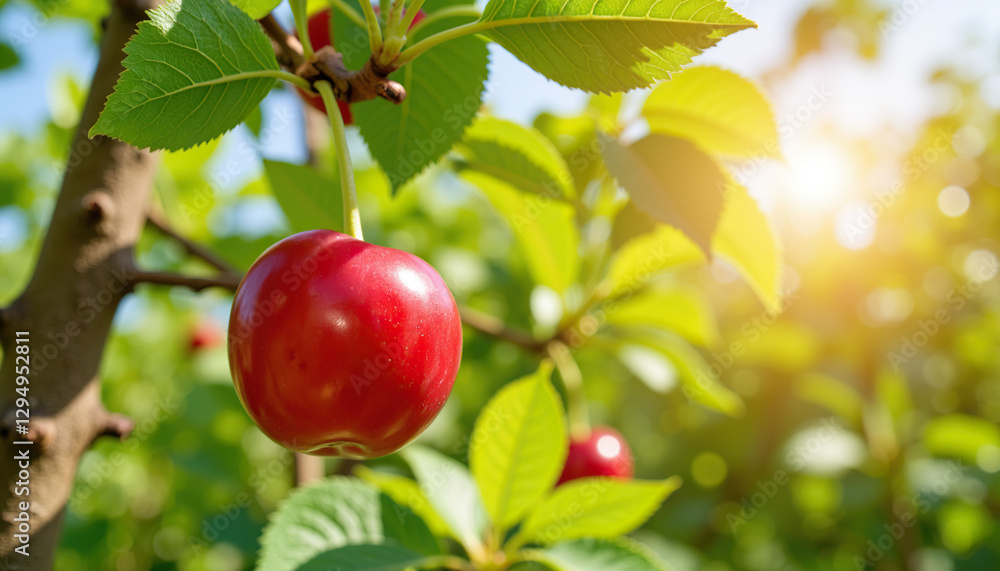 Red apple hanging on tree branch in sunny orchard Red apple hanging on tree branch in sunny orchard