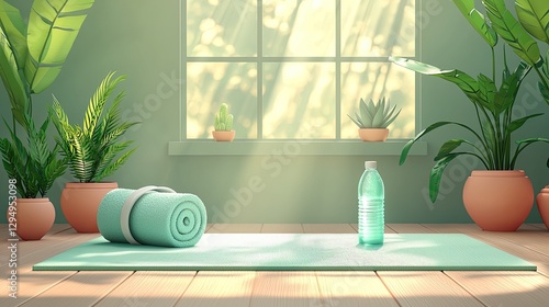Serene indoor yoga space with mat and water bottle, illuminated by sunlight through window