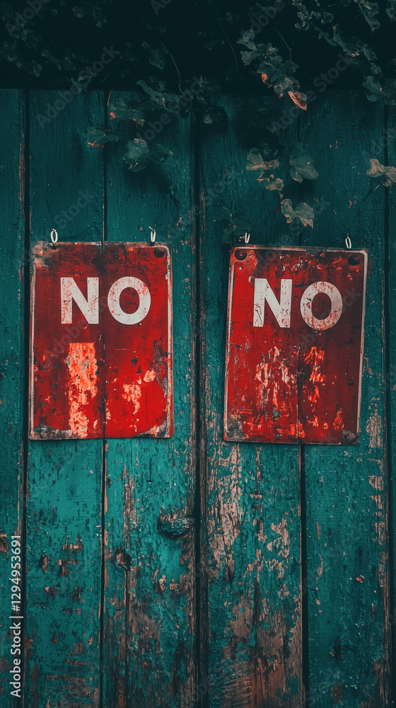 weathered red no sign on rustic blue wooden door weathered red no sign on rustic blue wooden door