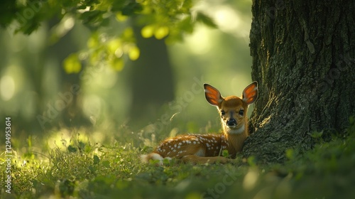 A serene fawn resting beside a large tree in a sunlit forest, surrounded by soft greenery