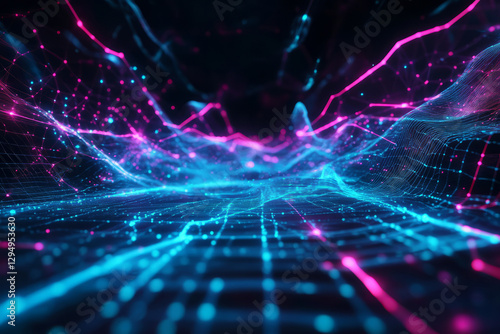 A mesmerizing 3D abstract background with a glowing neon mesh stretching infinitely in a futuristic cyberspace. The deep black void contrasts with the pulsating cyan and magenta hues, creating a