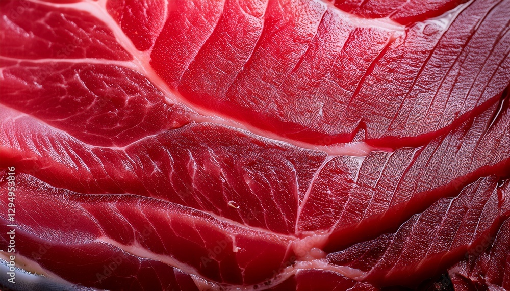 Fototapeta premium Ultra macro of a raw tuna steak, showcasing deep ruby tones and fibrous textures, highlighting its fresh, tender quality and vibrant color.