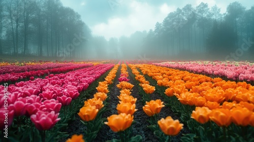 Vibrant tulip field in misty landscape with colorful blooms and soft fog in the background