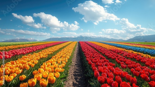 Vibrant tulip field in full bloom under a bright blue sky with distant mountains and fluffy clouds