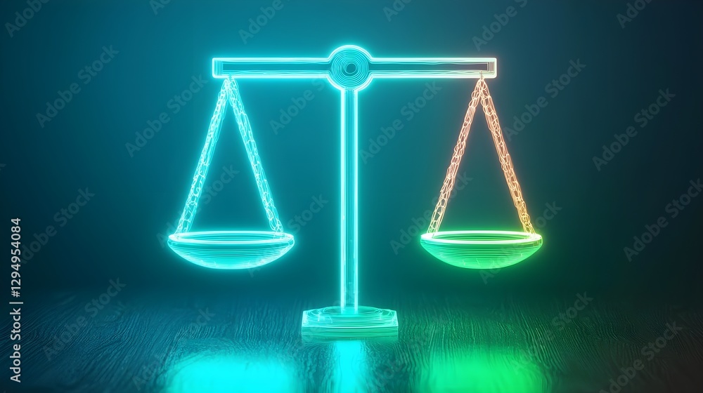 Glowing Neon Scales of Justice: Law, Balance, and Fairness Concept Glowing Neon Scales of Justice: Law, Balance, and Fairness Concept