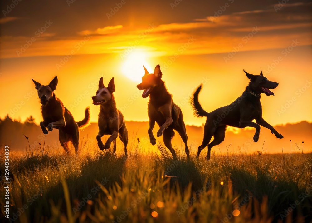 Naklejka premium Silhouette Happy Dogs Playing in Grass Field Sunset - Dog Photography, Pet Silhouette, Canine Silhouette, Grassland Sunset