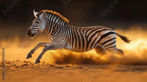 Majestic zebra galloping across golden sands at sunset, creating a dynamic dust cloud