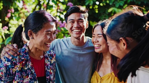 A joyful group of friends laughing together outdoors, captured in a close-up, eye-level angle. The video conveys happiness and camaraderie.