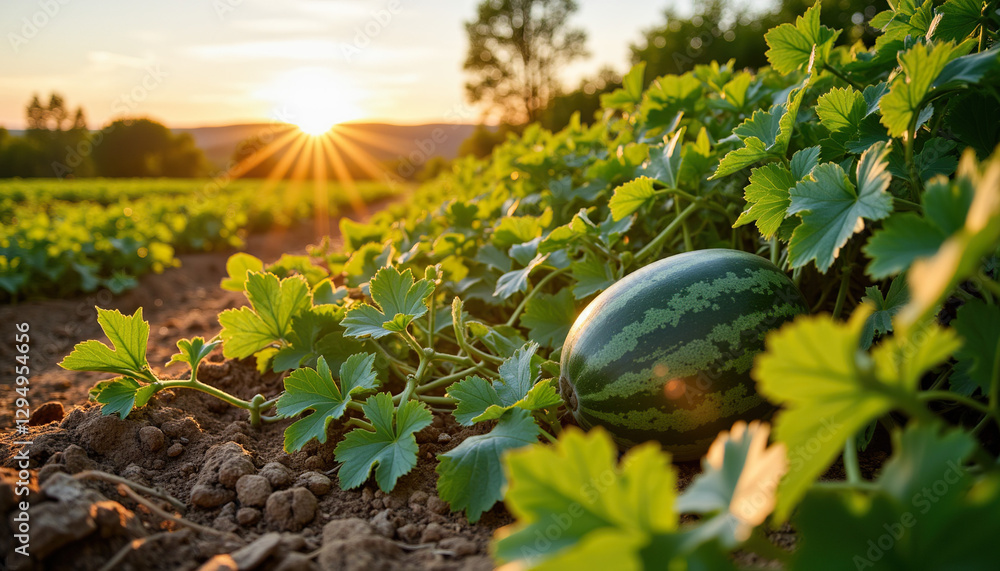 Watermelon growing in field at sunset Watermelon growing in field at sunset