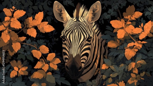 Striking close-up of a zebra amidst vibrant autumn leaves in a lush, dark forest setting