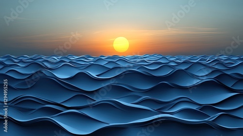 Serene Sunset Over Gently Rolling Waves, Illuminating the Calm Ocean Horizon