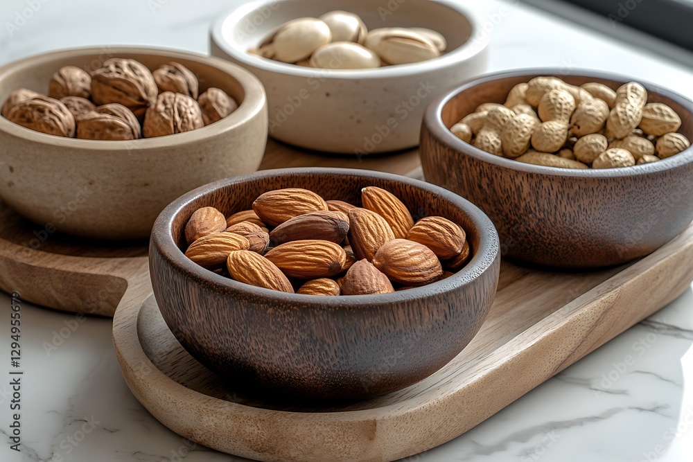 Artisan Wooden Bowls of Assorted Nuts on Heart-Shaped Serving Tray Artisan Wooden Bowls of Assorted Nuts on Heart-Shaped Serving Tray