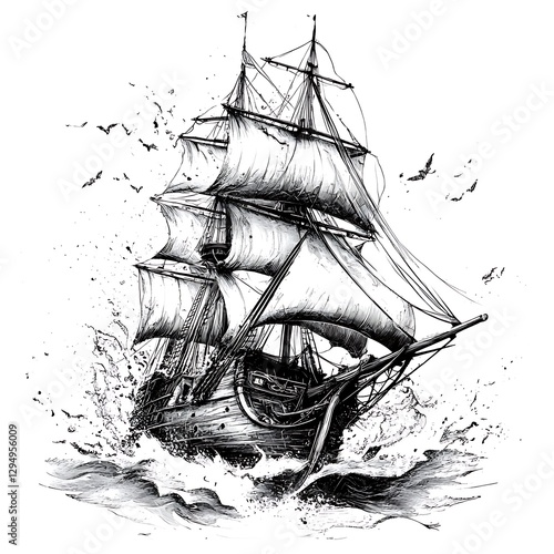 Sailing ship stormy sea ocean birds
