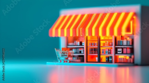 Online Shopping Concept: Miniature Grocery Store with Shopping Cart and Copy Space.