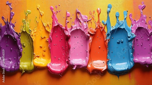 Vibrant splashes of paint in various colors create a dynamic artistic display on a canvas backdrop