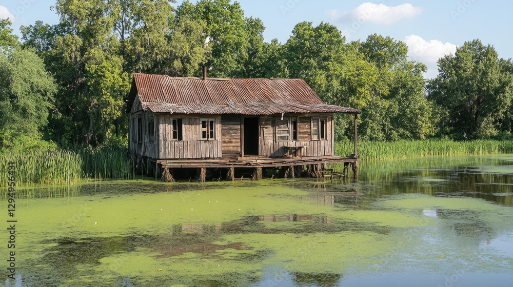 Rustic Wooden House on Stilts Over Green Water Rustic Wooden House on Stilts Over Green Water