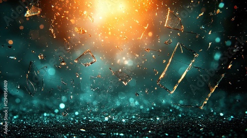 Shattered glass fragments illuminated by a glowing light source, creating a dynamic visual effect
