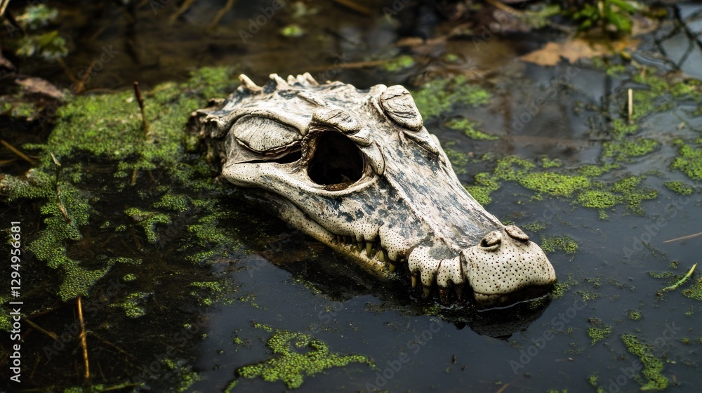 Fototapeta premium Crocodile Skull in Swampy Water: A Dark Nature Photography