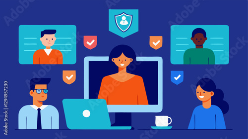Virtual Meeting on Cybersecurity A depiction of a virtual meeting with participants discussing cybersecurity measures showing screens with data protection measures being presented.
