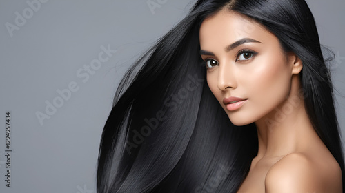 Portrait of a beautiful young Indian woman with long shiny straight black hair on grey background. Salon Spa Cosmetic Concept
