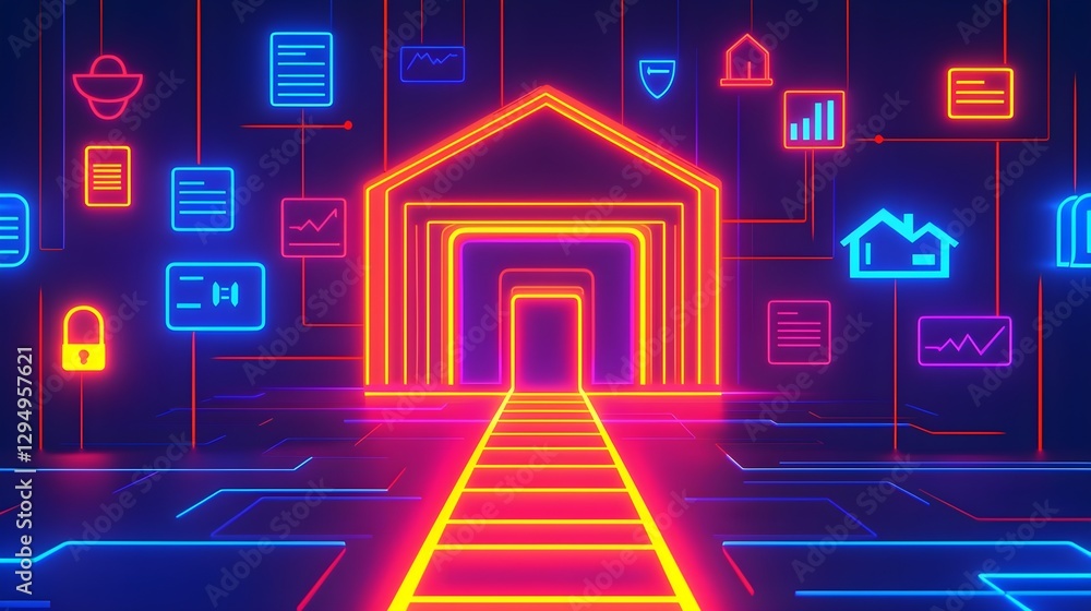 Fototapeta premium Smart Home Technology Network: Neon Cyberpunk Style Interface for Automation and Connectivity
