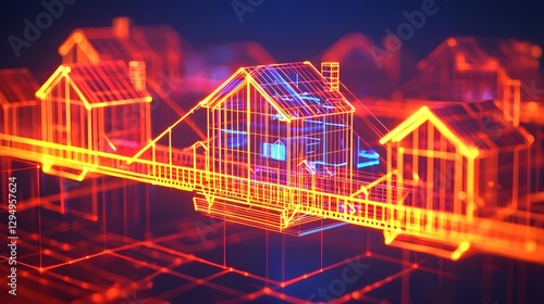 Smart Home Technology Network: Abstract Glowing House Architecture Design