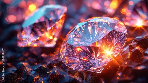 Close-up of sparkling diamonds on a textured surface, reflecting colorful light in a luxurious setting