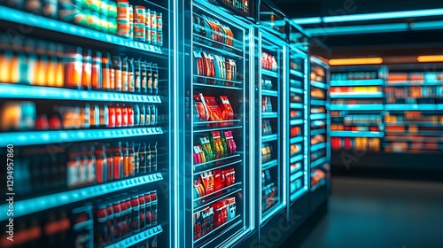 Supermarket Aisle with Products in Refrigerated Display Cases. Retail, Shopping, Food.