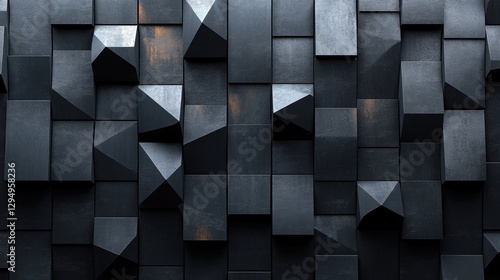 Abstract geometric wall of dark pyramids and cubes creating a modern artistic texture