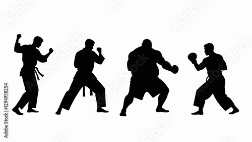 A vector graphic featuring martial artists in different combat stances, illustrating power, balance, and agility in sports training.