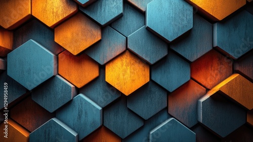 Abstract hexagonal pattern showcasing a blend of blue and orange tones with textured surfaces