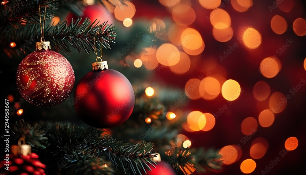 Close-up view of a vibrant Christmas tree with red and gold ornaments glowing lights and festive decorations in a colorful bokeh background Close-up view of a vibrant Christmas tree with red and gold ornaments glowing lights and festive decorations in a colorful bokeh background