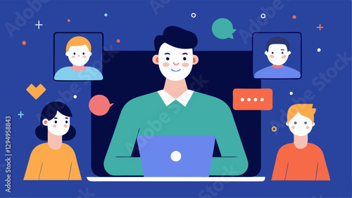 Virtual Meeting A creative director participating in a virtual meeting with remote team members sharing a presentation about upcoming campaigns while using a video conferencing