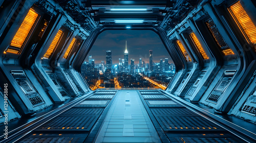 Fototapeta Naklejka Na Ścianę i Meble -  Futuristic spaceship corridor view of city at night. Possible use science fiction, technology, travel poster