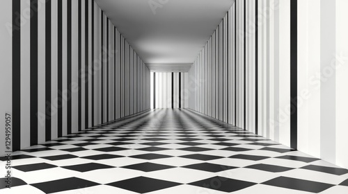 Abstract corridor with black and white striped walls and checkered floor, creating depth